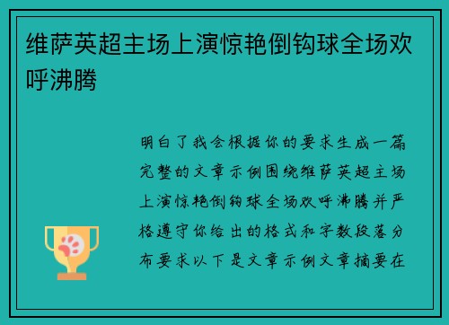 维萨英超主场上演惊艳倒钩球全场欢呼沸腾