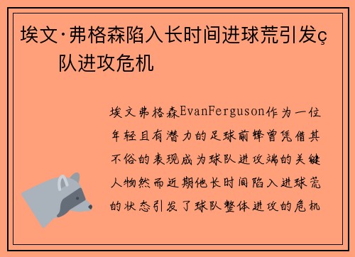 埃文·弗格森陷入长时间进球荒引发球队进攻危机
